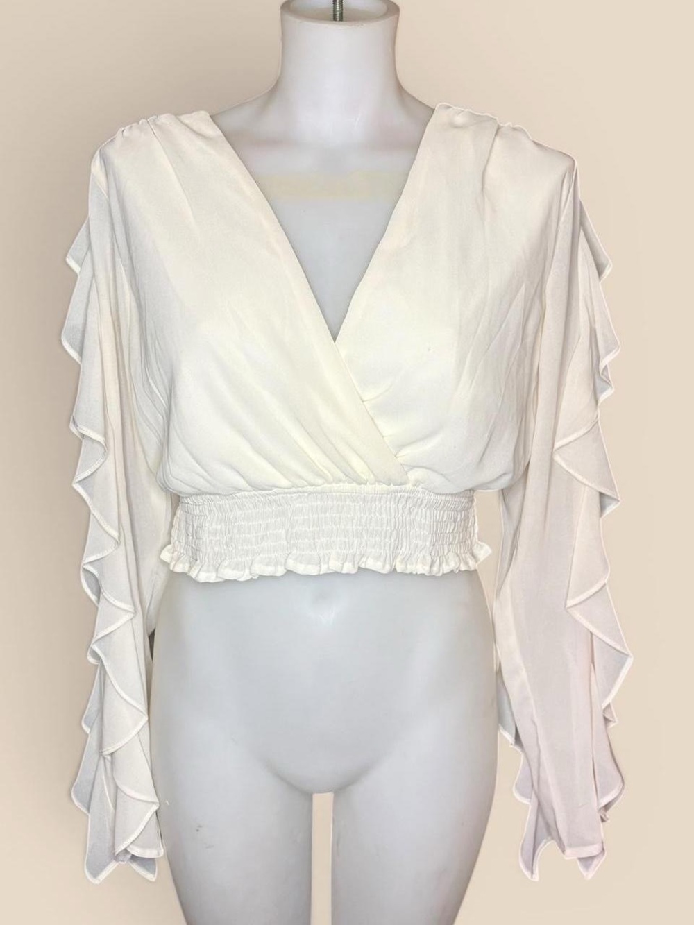 Privy (Privately Privileged) White Ruffle‑Sleeve Wrap Blouse